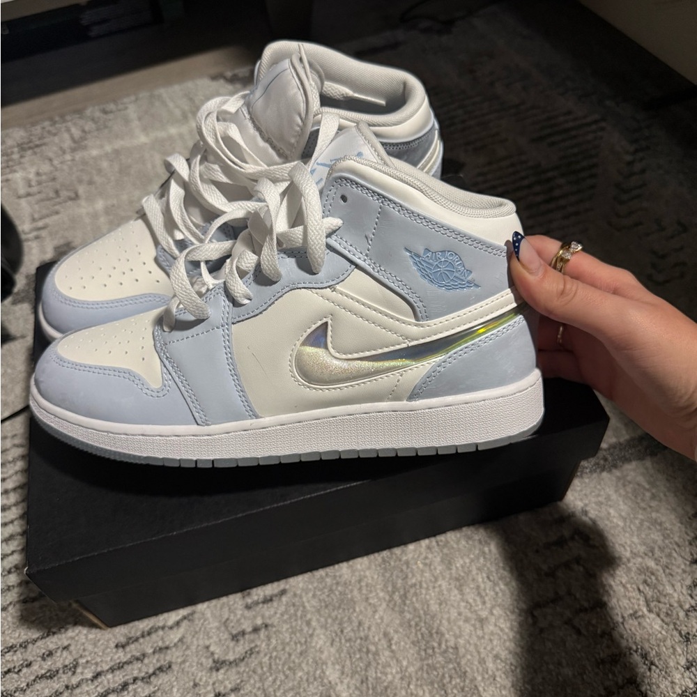 Blue and White Sparkle Swoosh Jordan One Mids Size 7Y